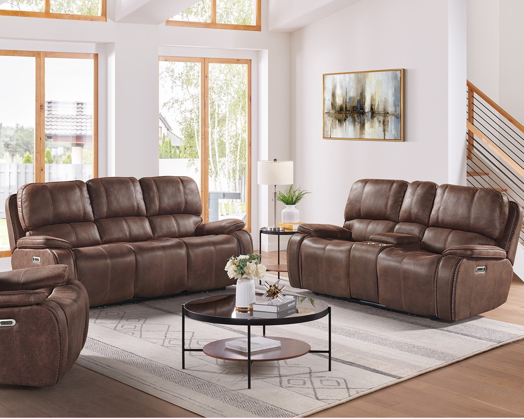 Atlantis Heritage Brown power controlled adjustable headrest, hidden cupholders, USB ports with this ultimate reclining living room set
