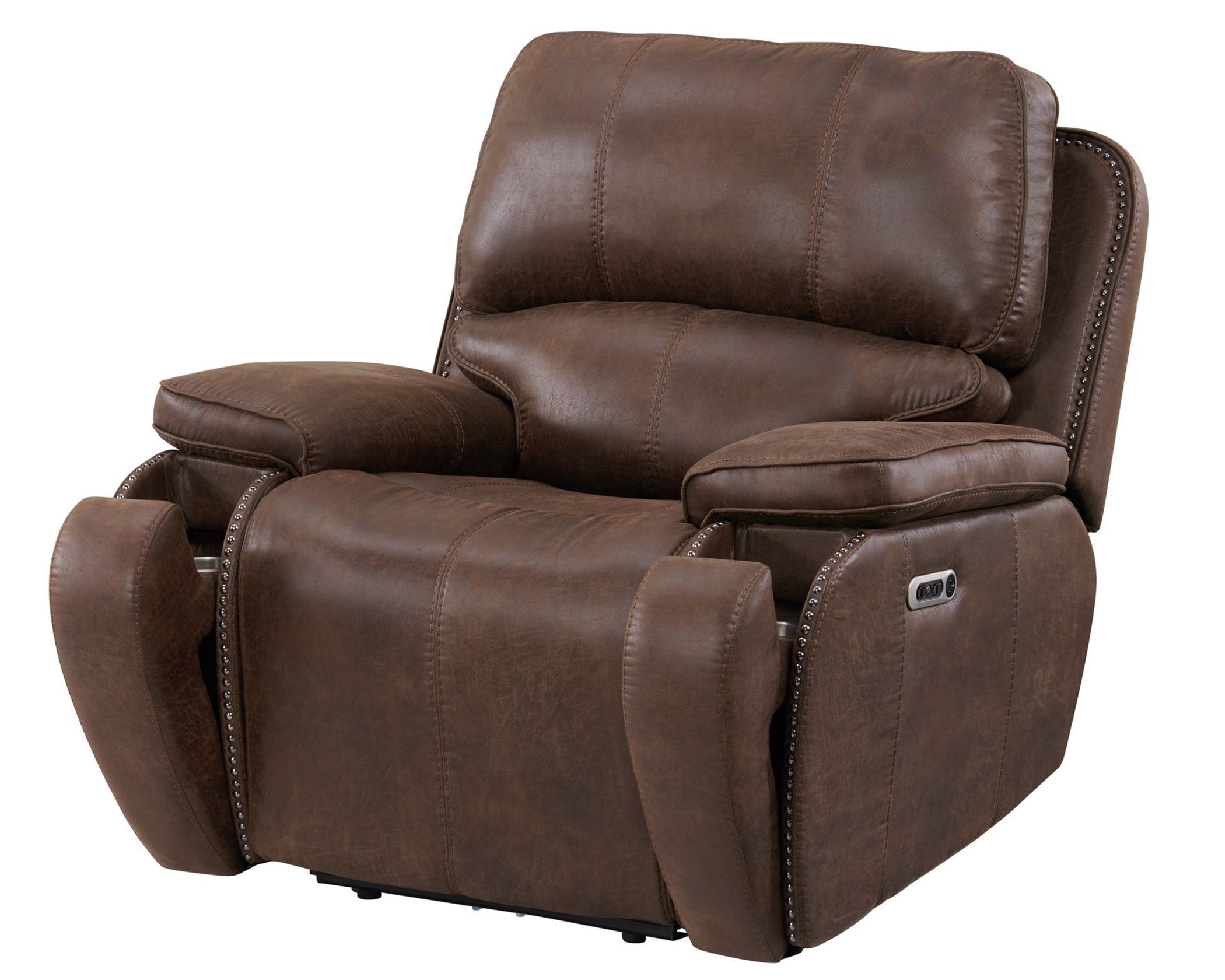 3pc Atlantis Heritage Brown power controlled adjustable headrest, hidden cupholders, USB ports with this ultimate reclining living room set