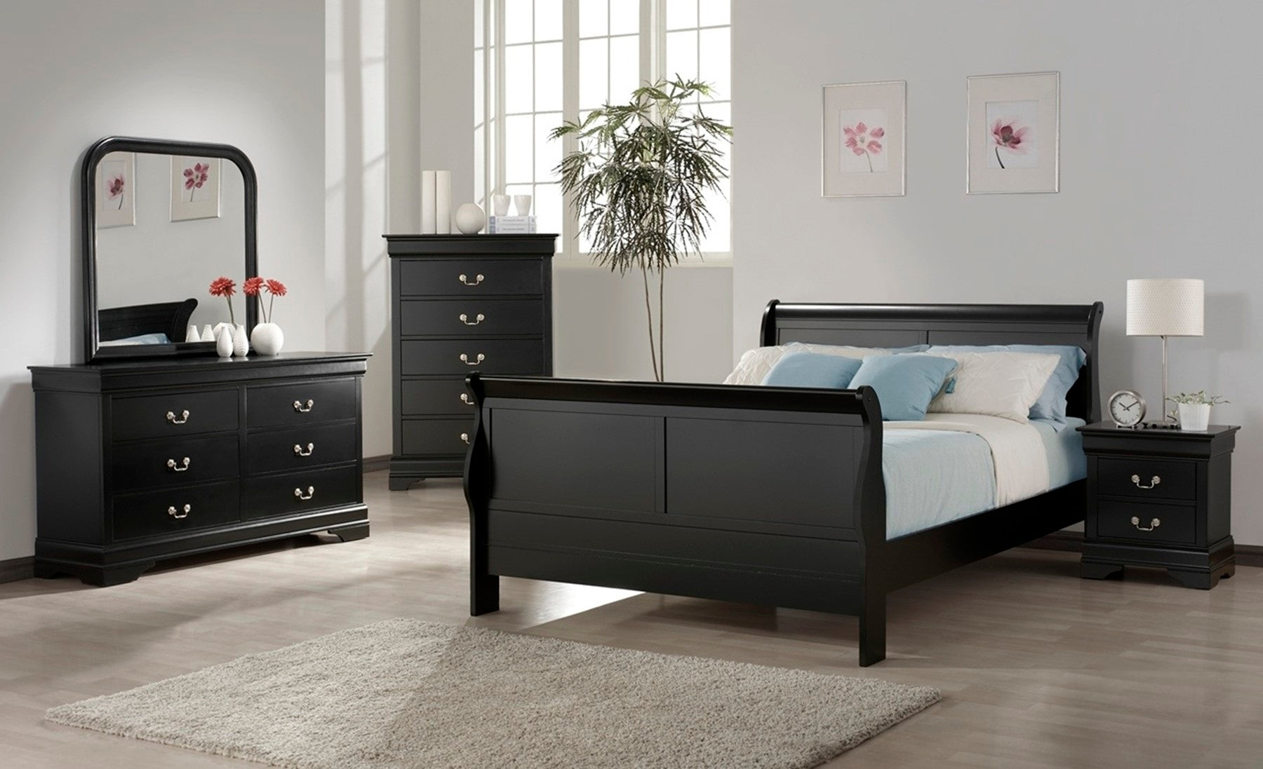 CM3950 Black Louis Philippe black sleigh affordable bedroom set with King or Queen bed
