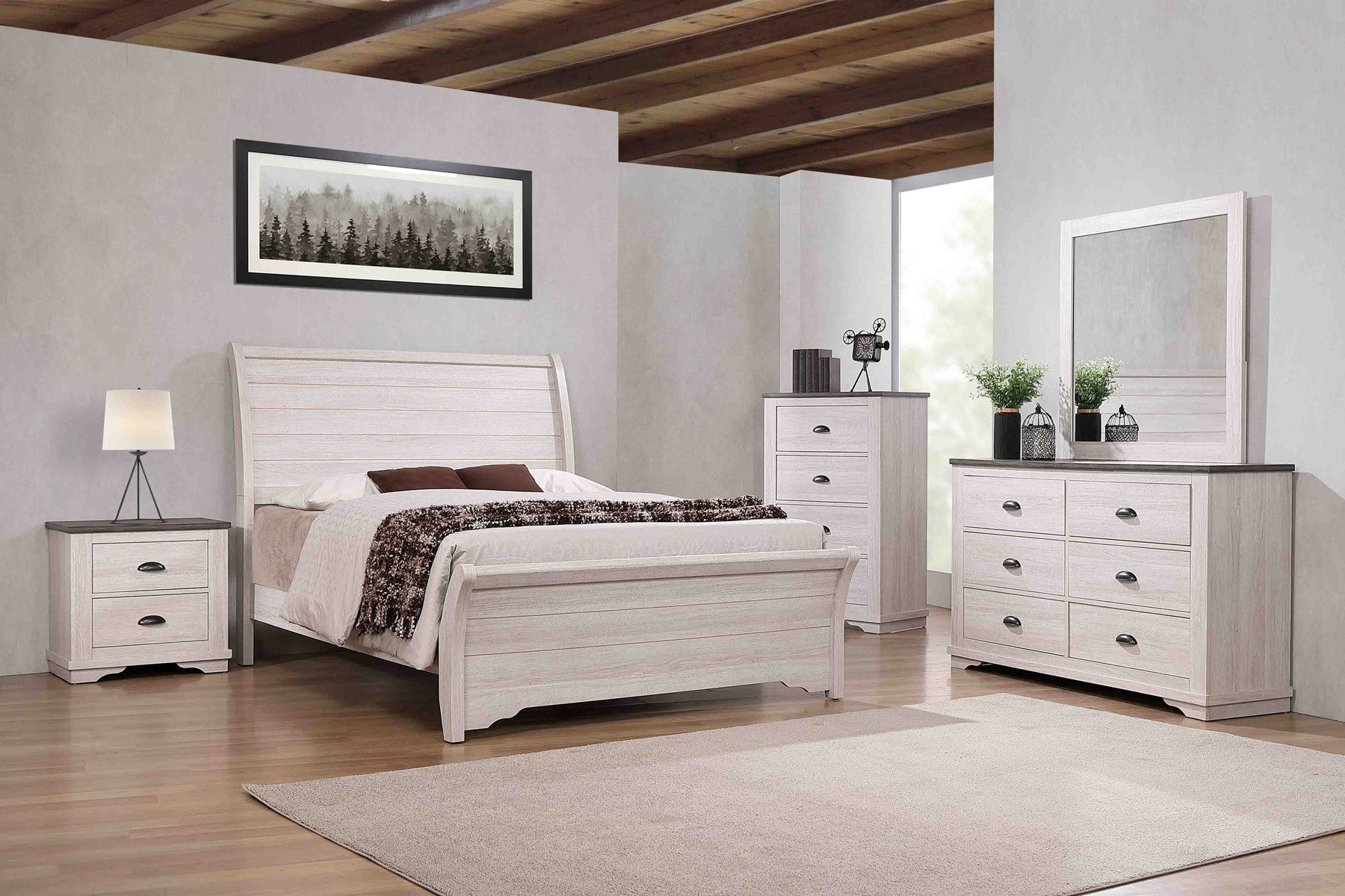 CM8130 Coralee White white scraped wood affordable bedroom set with King or Queen bed