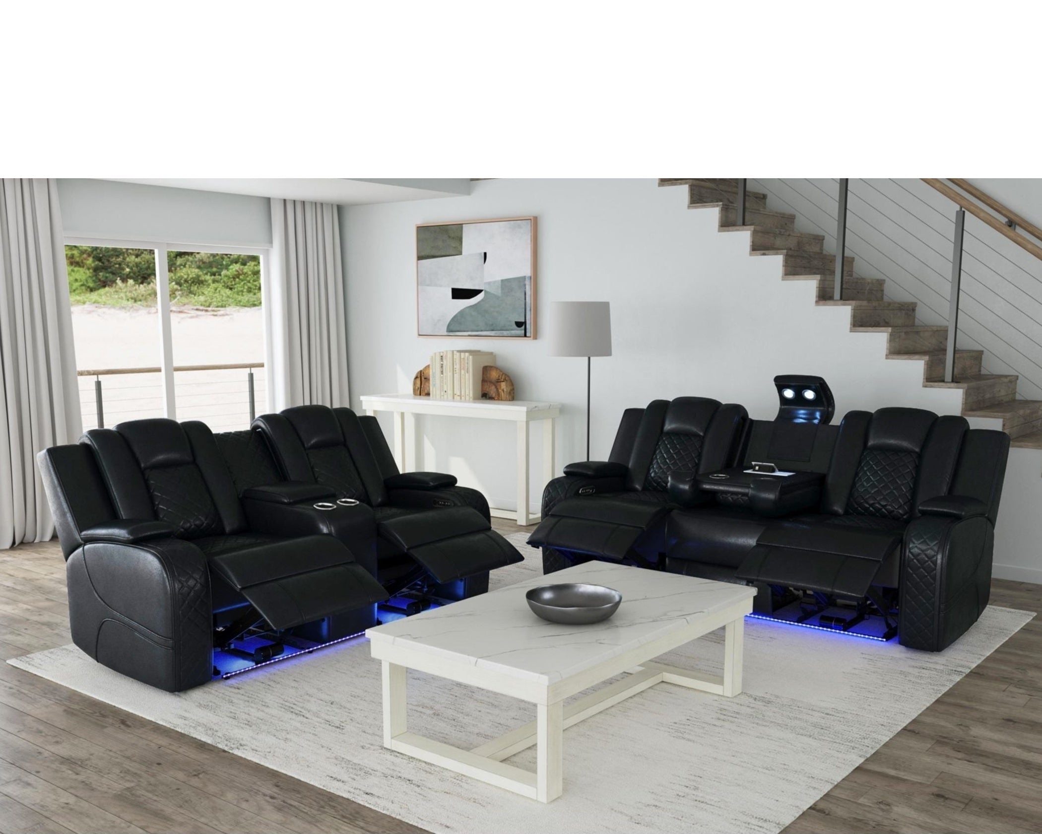 U8900 Carlo Black hidden storage, usb connections, LED lights are just a few of many features with this reclining living room set
