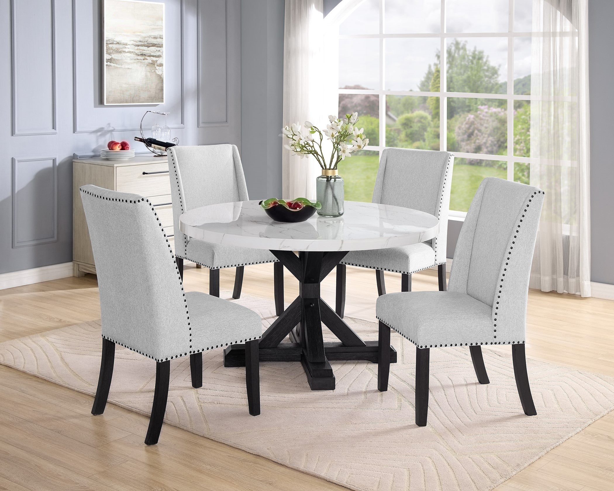 1319 Vance round marble style dining table with chairs