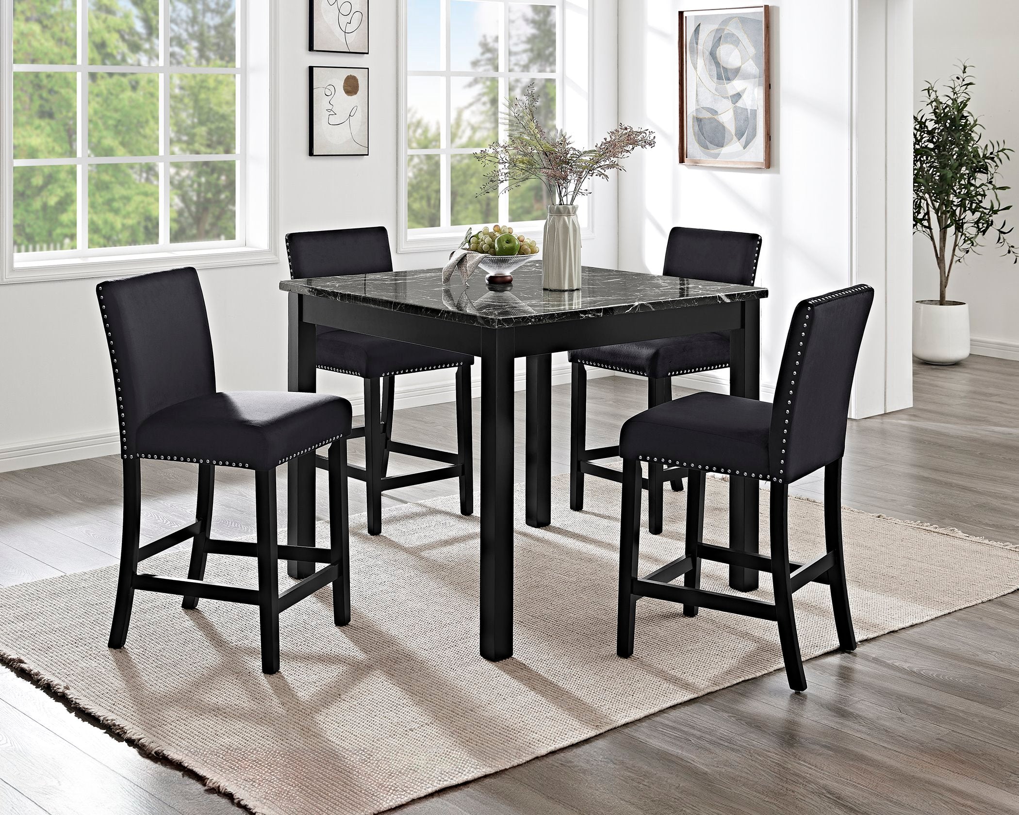 1715 Lennon 5 Pk black on black marble style dining table with chairs