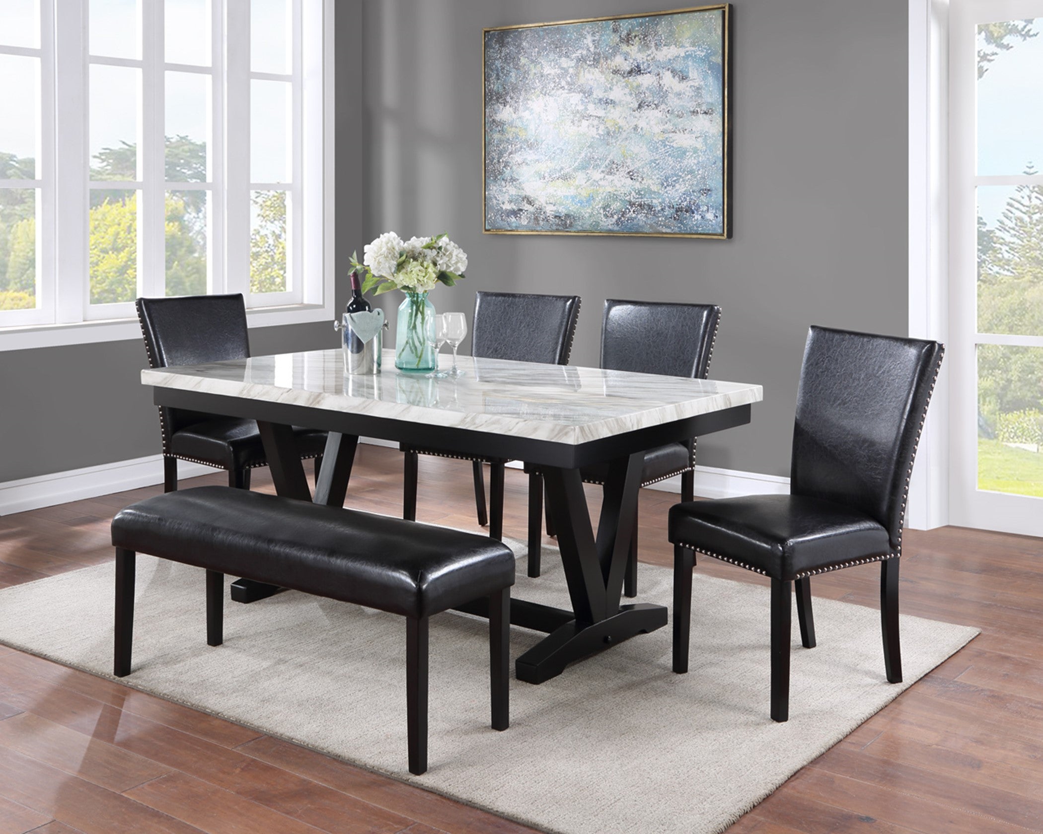 2222 Tanner Black black and white with nailhead accents dining table and chairs 6pc