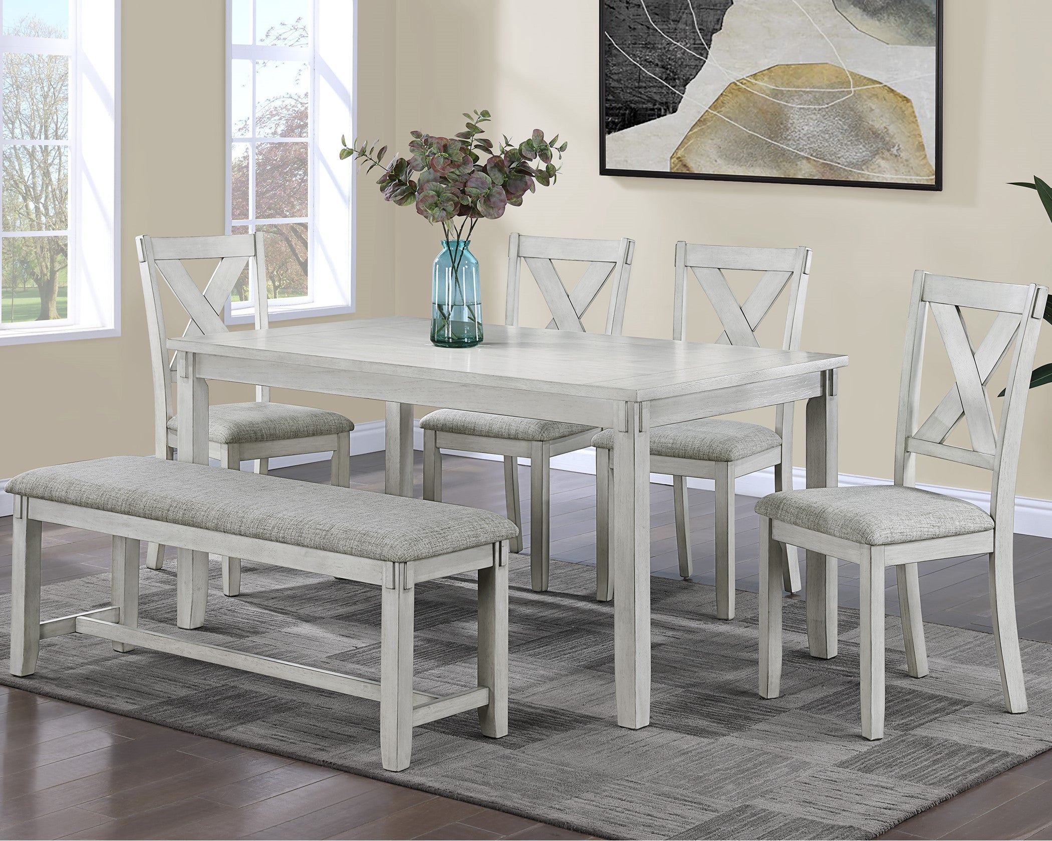 2321 Clara White 6 Pk bench option dining table with chairs