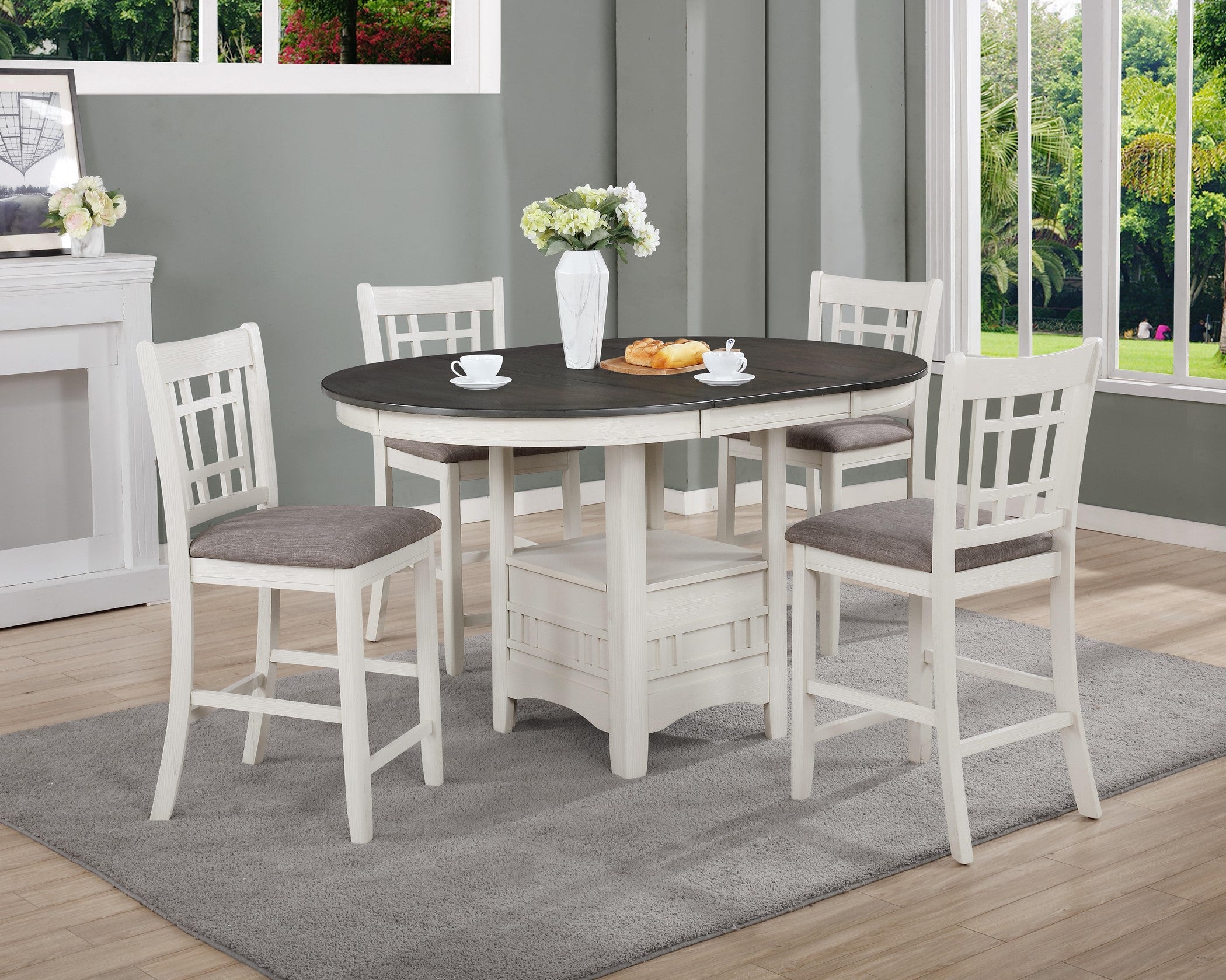 2795 Hartwell White Counter Height two-tone dining table with chairs and 18 inch leaf