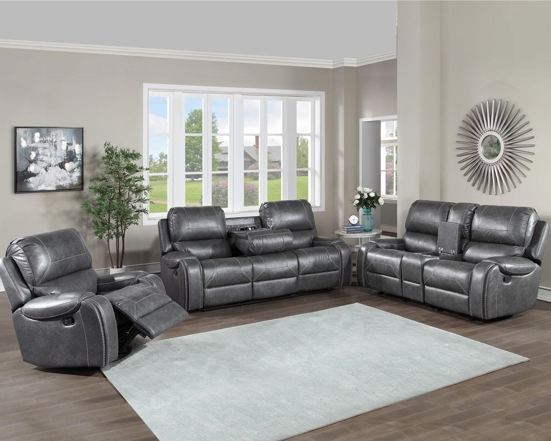 KE800 Keily Grey charging port with nailhead accents are included with this discounted reclining living room set