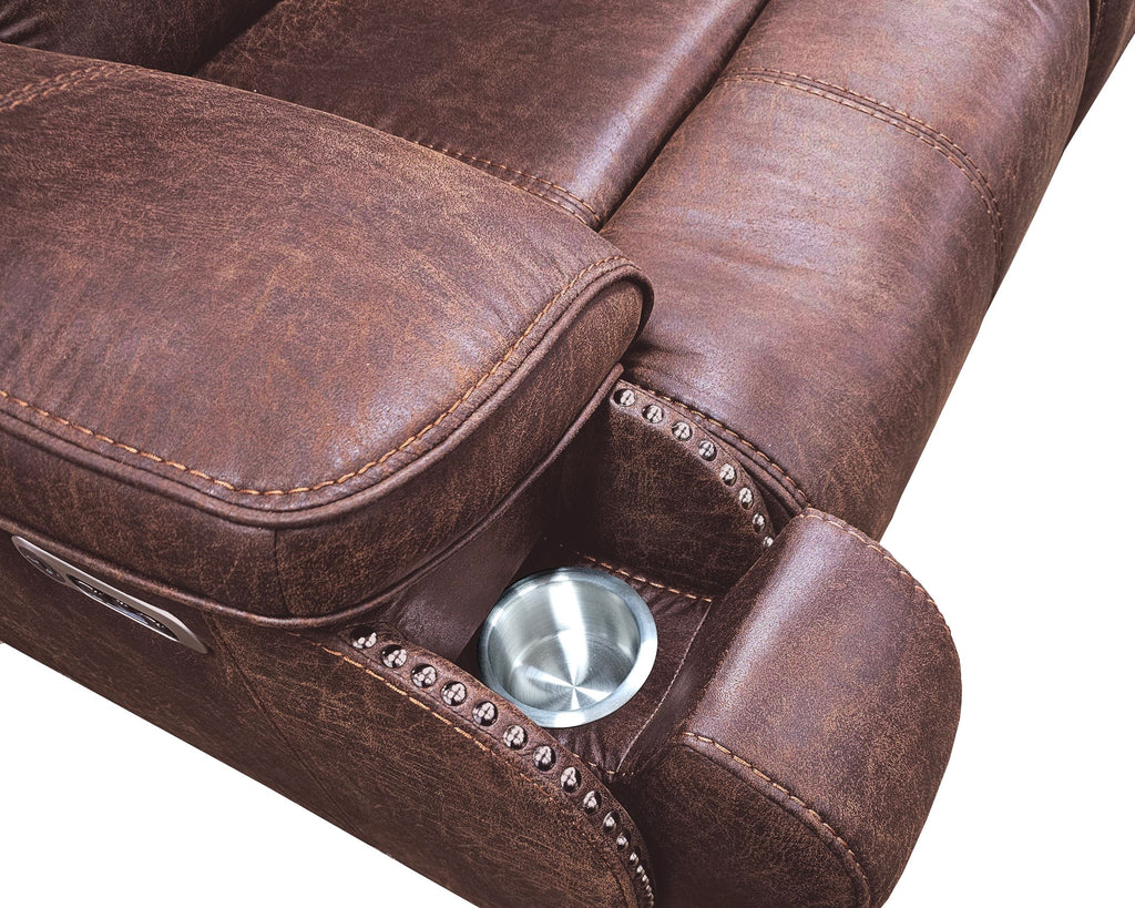 Atlantis Heritage Brown power controlled adjustable headrest, hidden cupholders, USB ports with this ultimate reclining living room set