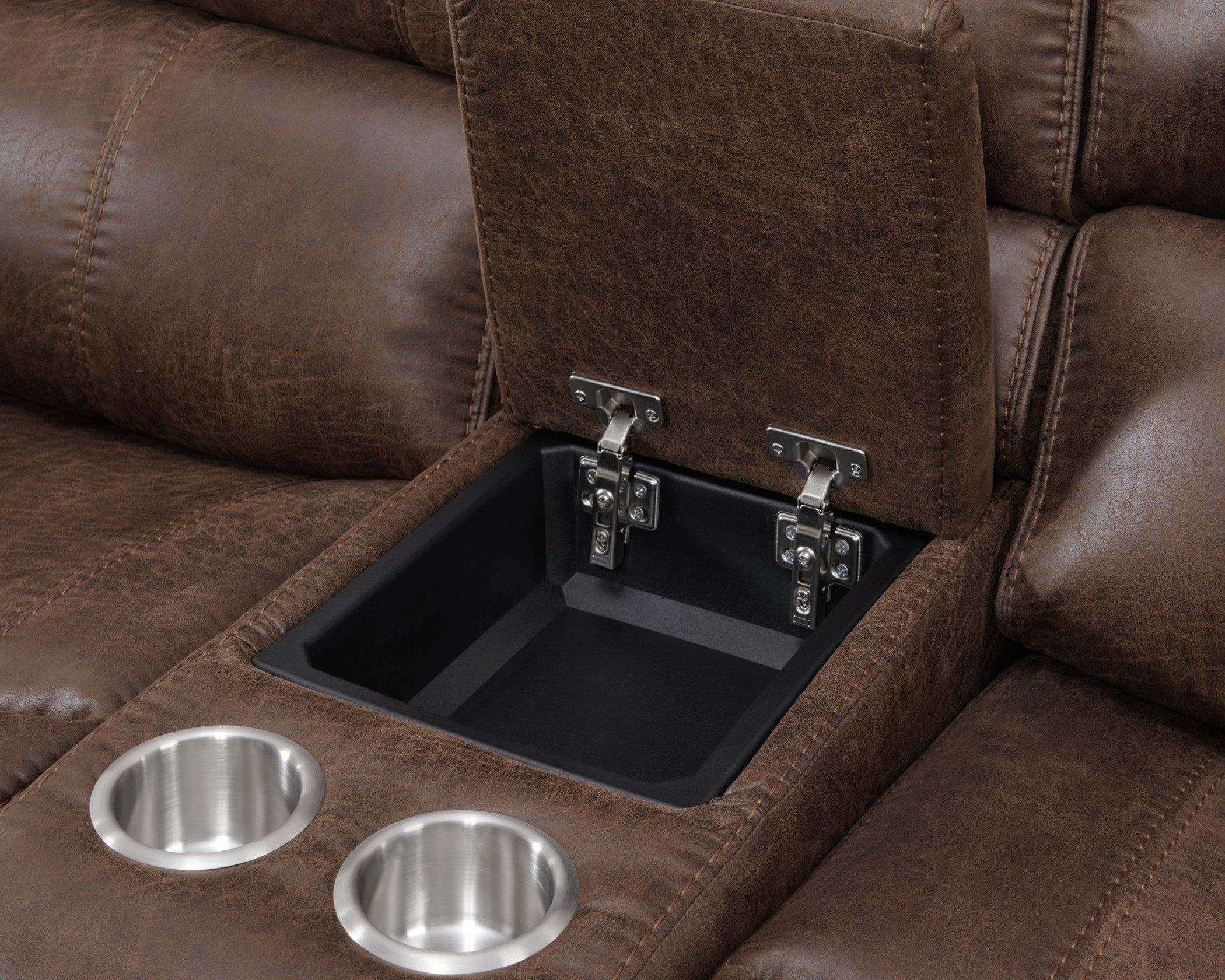 Atlantis Heritage Brown power controlled adjustable headrest, hidden cupholders, USB ports with this ultimate reclining living room set