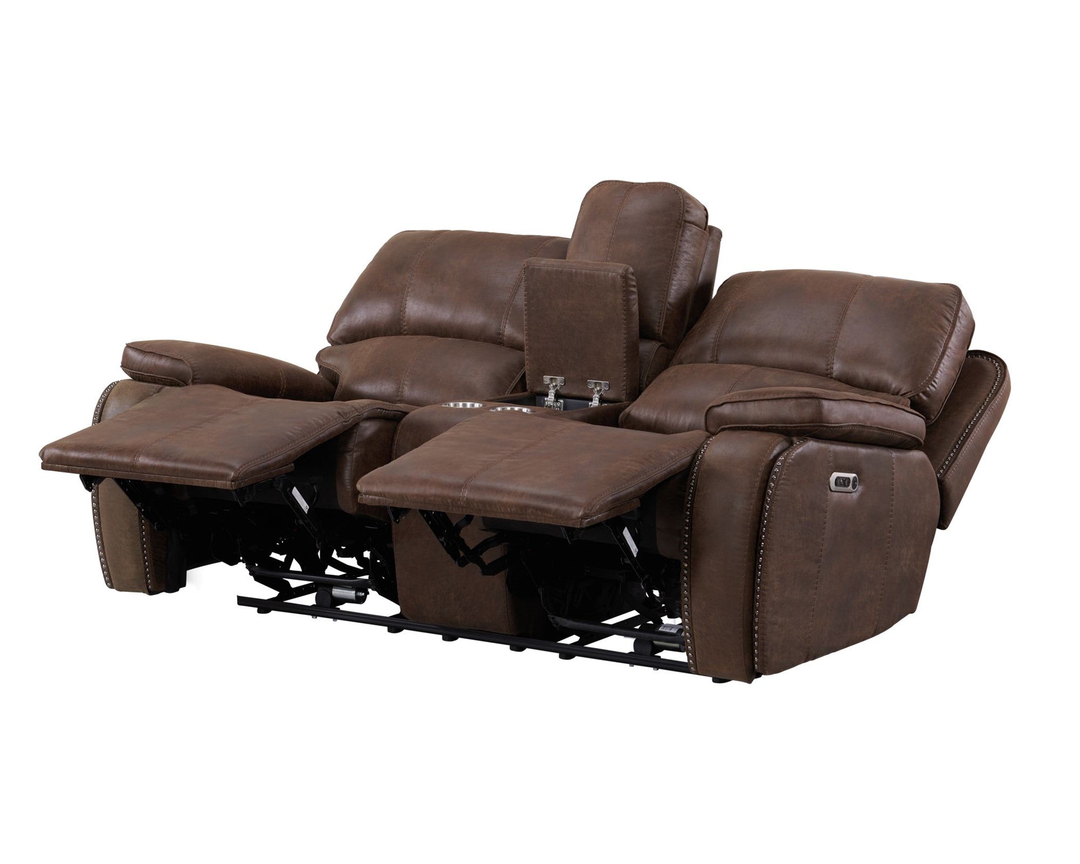 Atlantis Heritage Brown power controlled adjustable headrest, hidden cupholders, USB ports with this ultimate reclining living room set