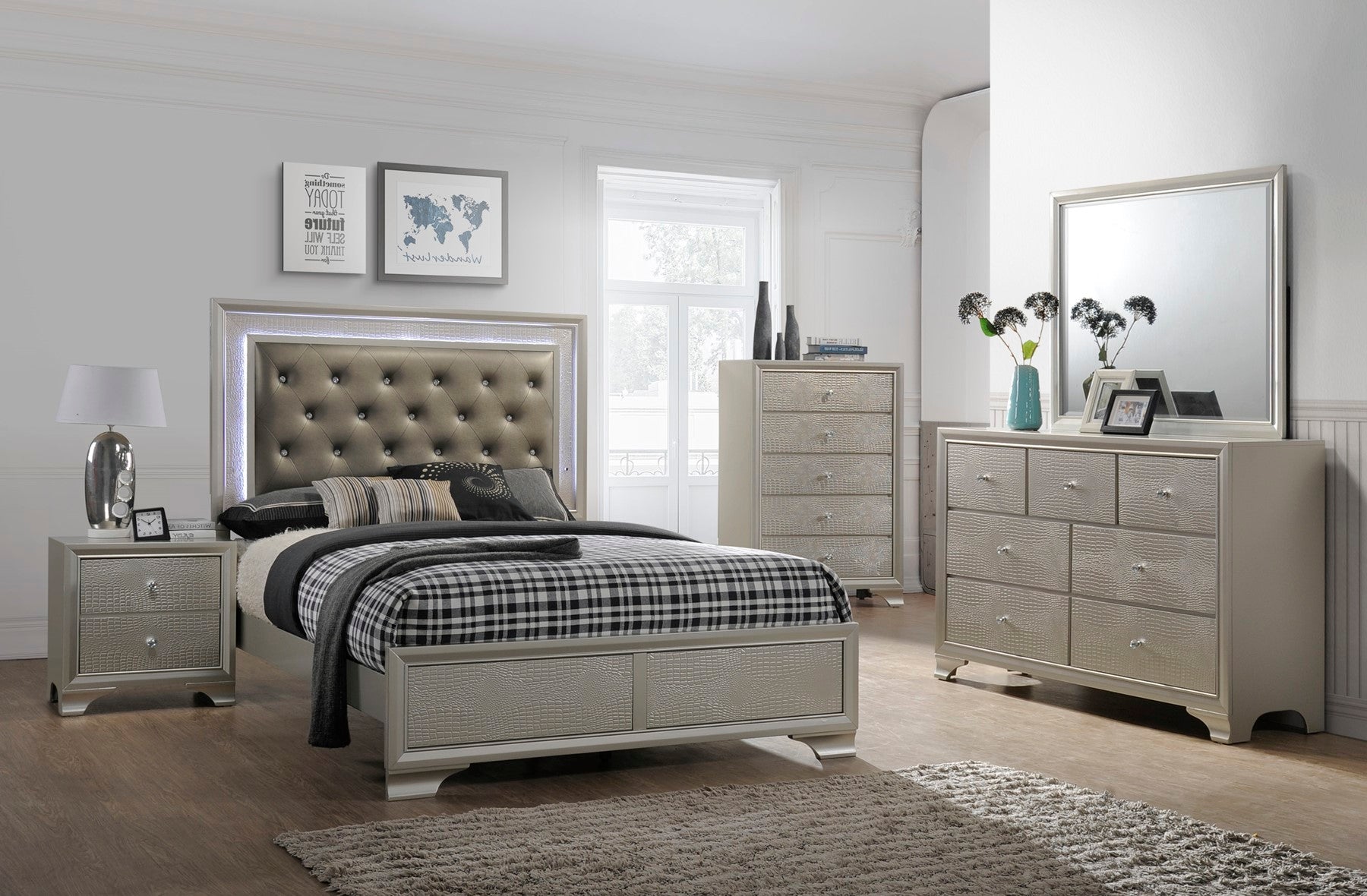 CM4300 Lyssa classy bedroom set with LED lights, alligator style accent and decorative accent knobs