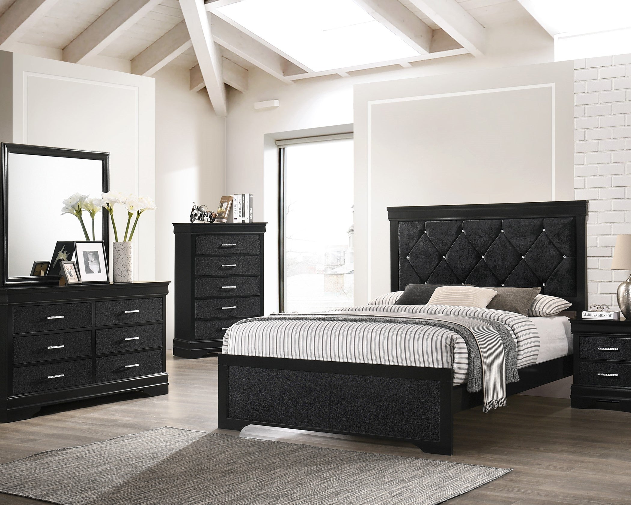 CM6918 Amalia Black black on black padded headboard affordable bedroom set with King or Queen bed