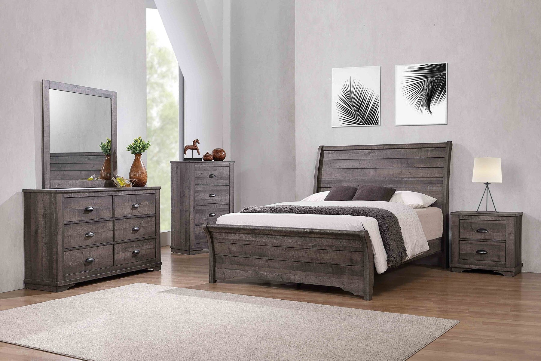 CM8100 Coralee Grey grey scraped wood affordable bedroom set with King or Queen bed
