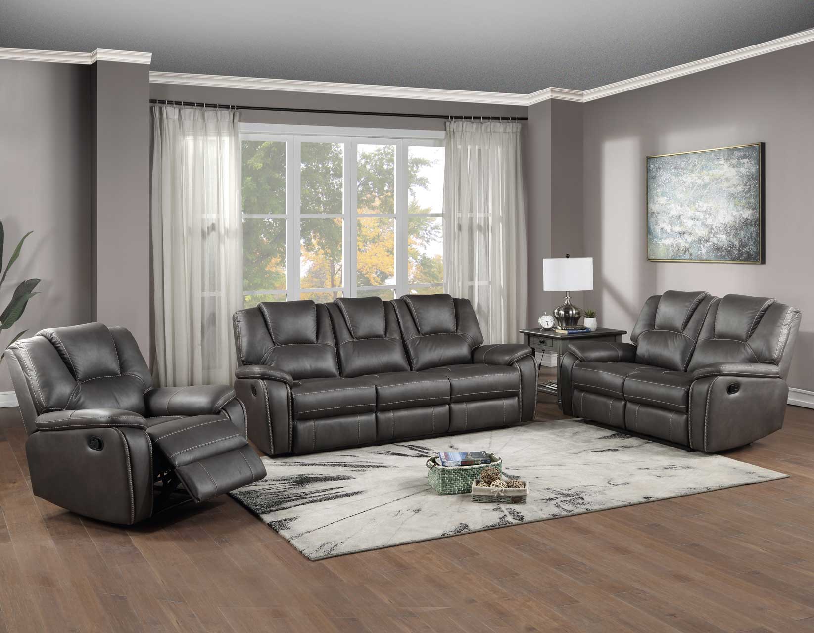 Katrine Grey very affordable clean and stylish discounted reclining living room set