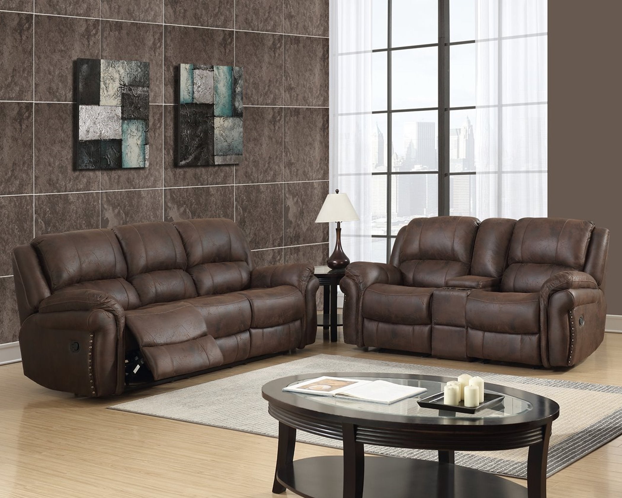 U0903 Chocolate gliding loveseat and sofa with drop down table discounted reclining living room set