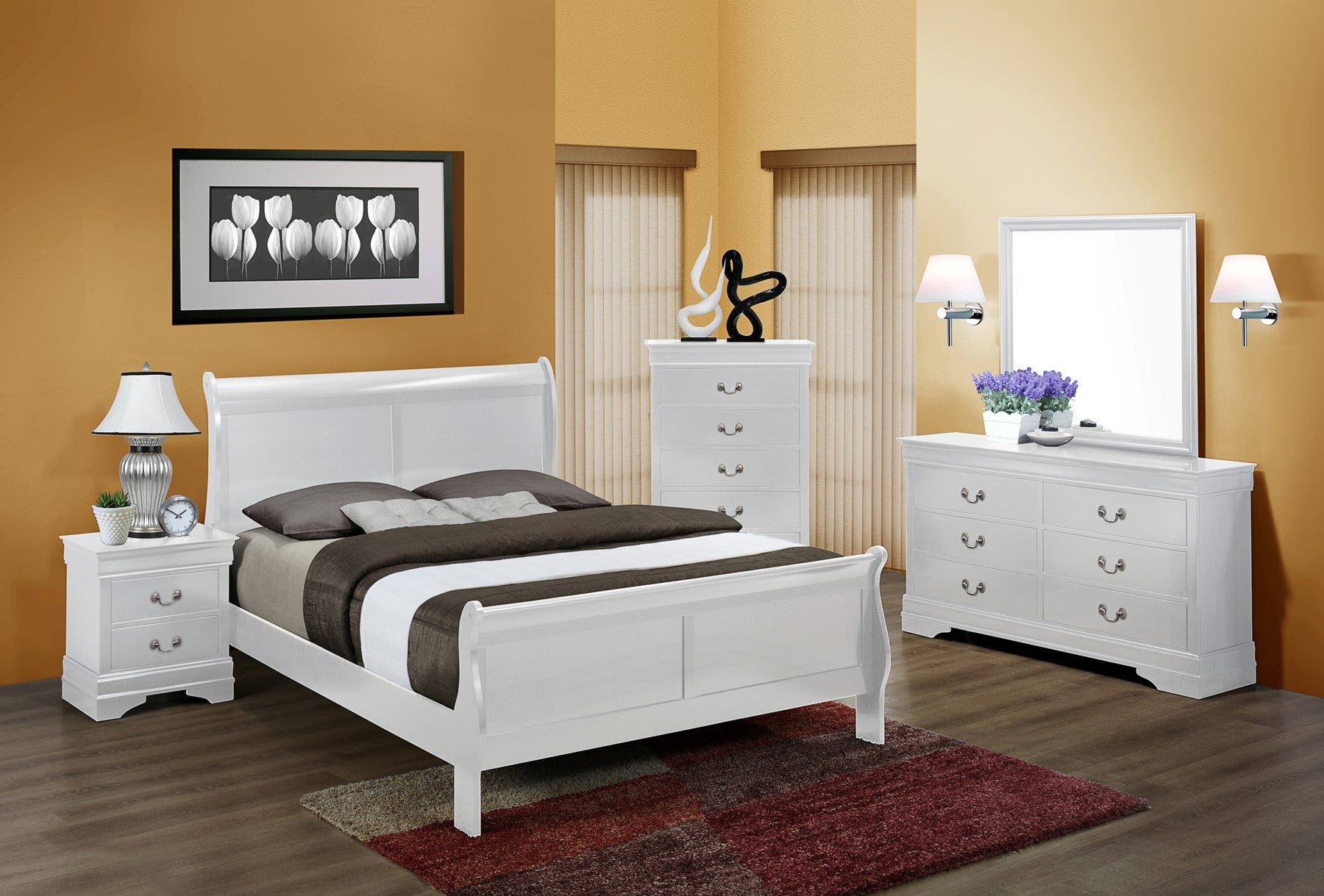CM3650 White Louis Philippe cherry sleigh affordable bedroom set with King or Queen bed