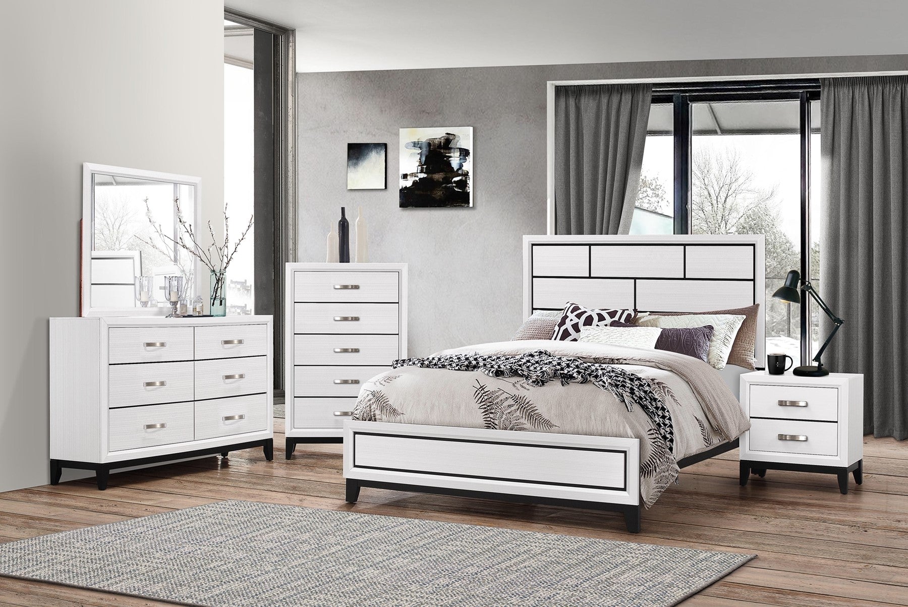 CM4610 Akerson white group with black accent affordable bedroom set with King or Queen bed