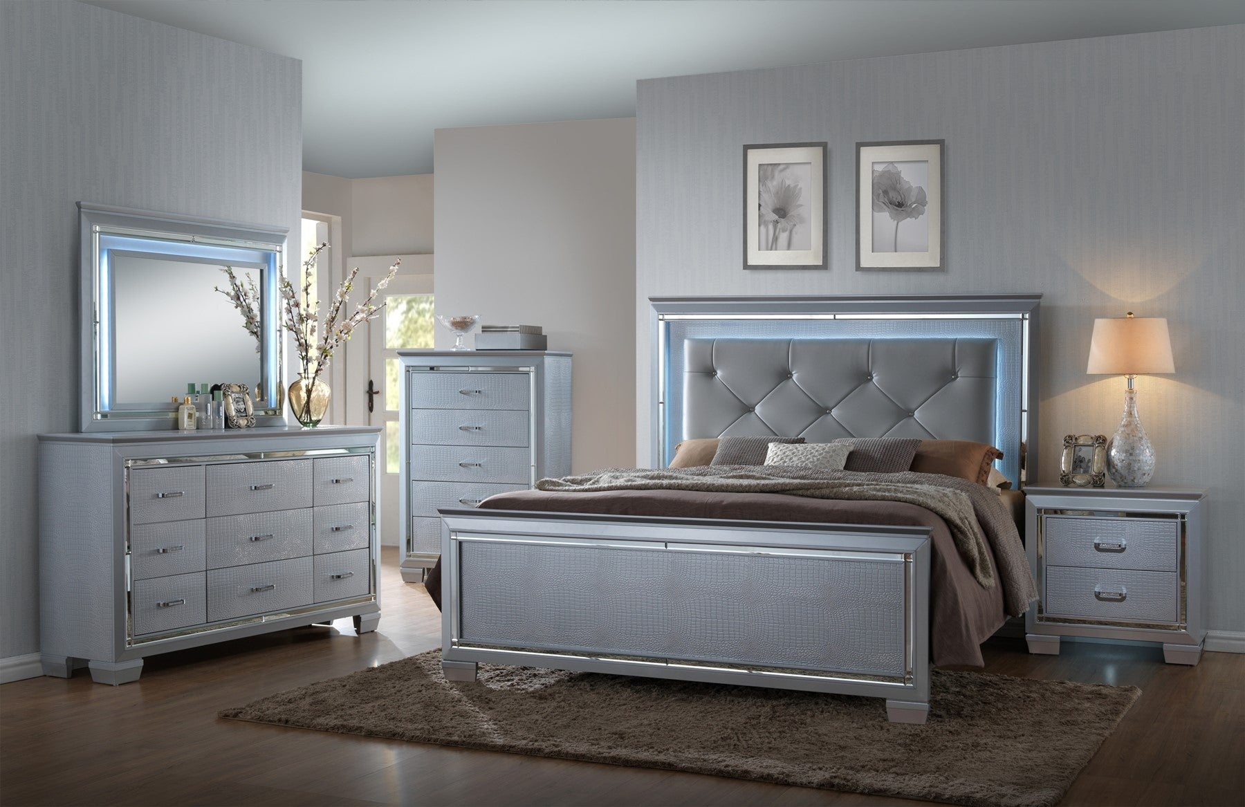 CM7100 Lillian affordable bedroom set with built in lights available in King or Queen bed