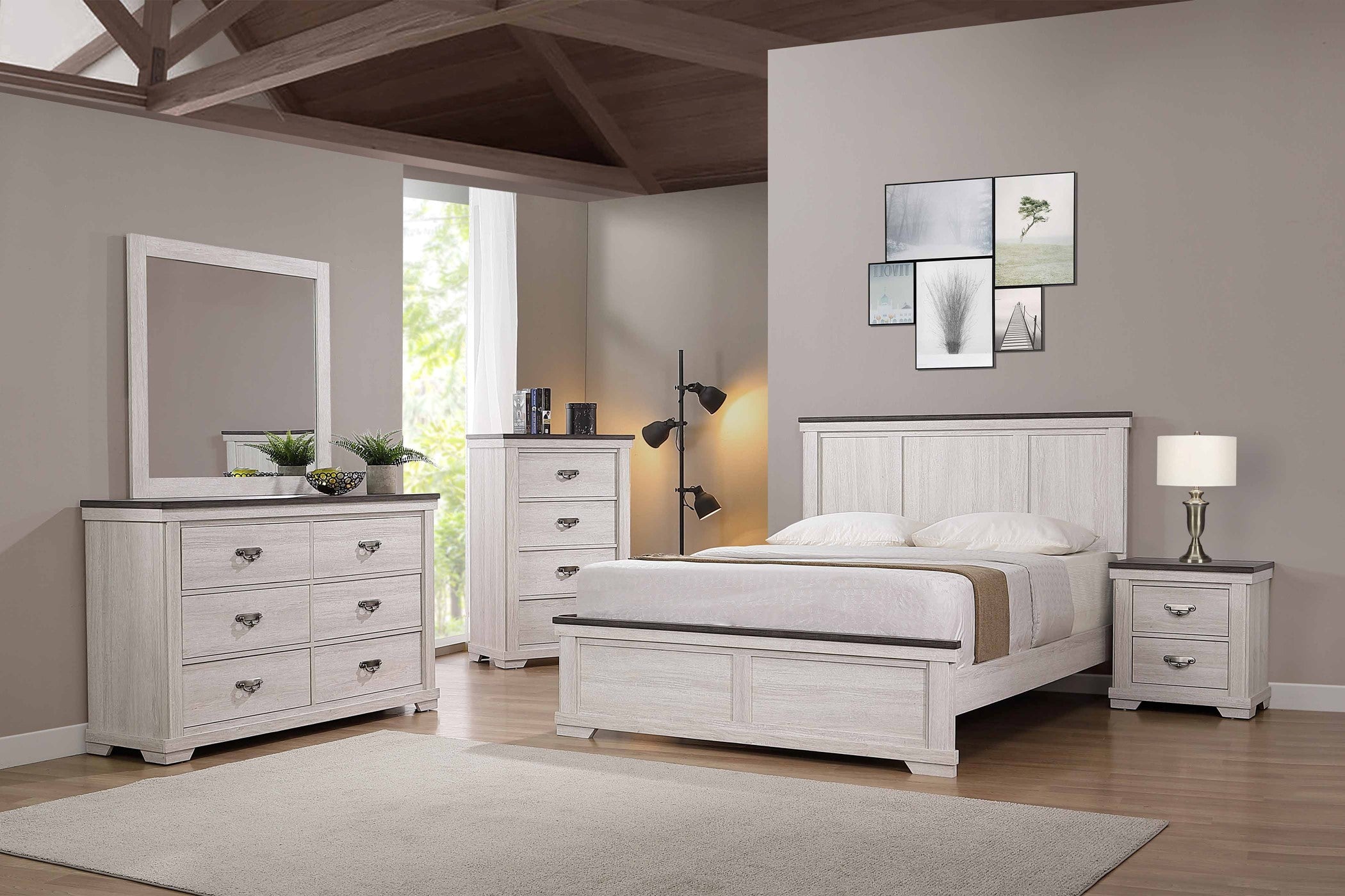 CM8180 Leighton brown and white antique finish farmhouse affordable bedroom set with King or Queen bed