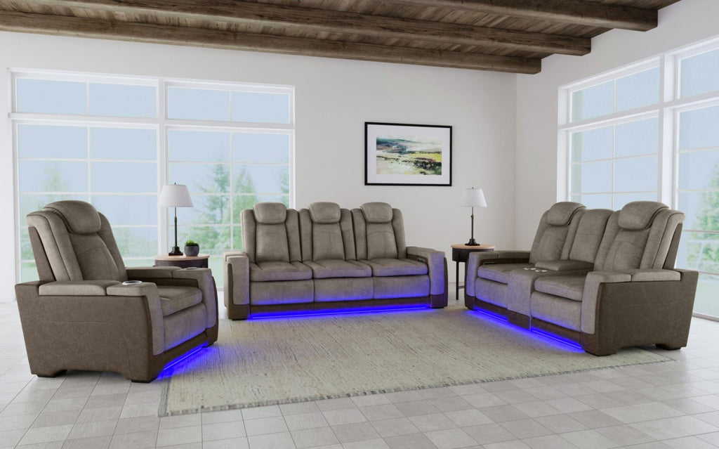 U13660 Lantana Brown/Grey wireless charging, LED lights and hidden storage are just a few features available with this reclining living room set