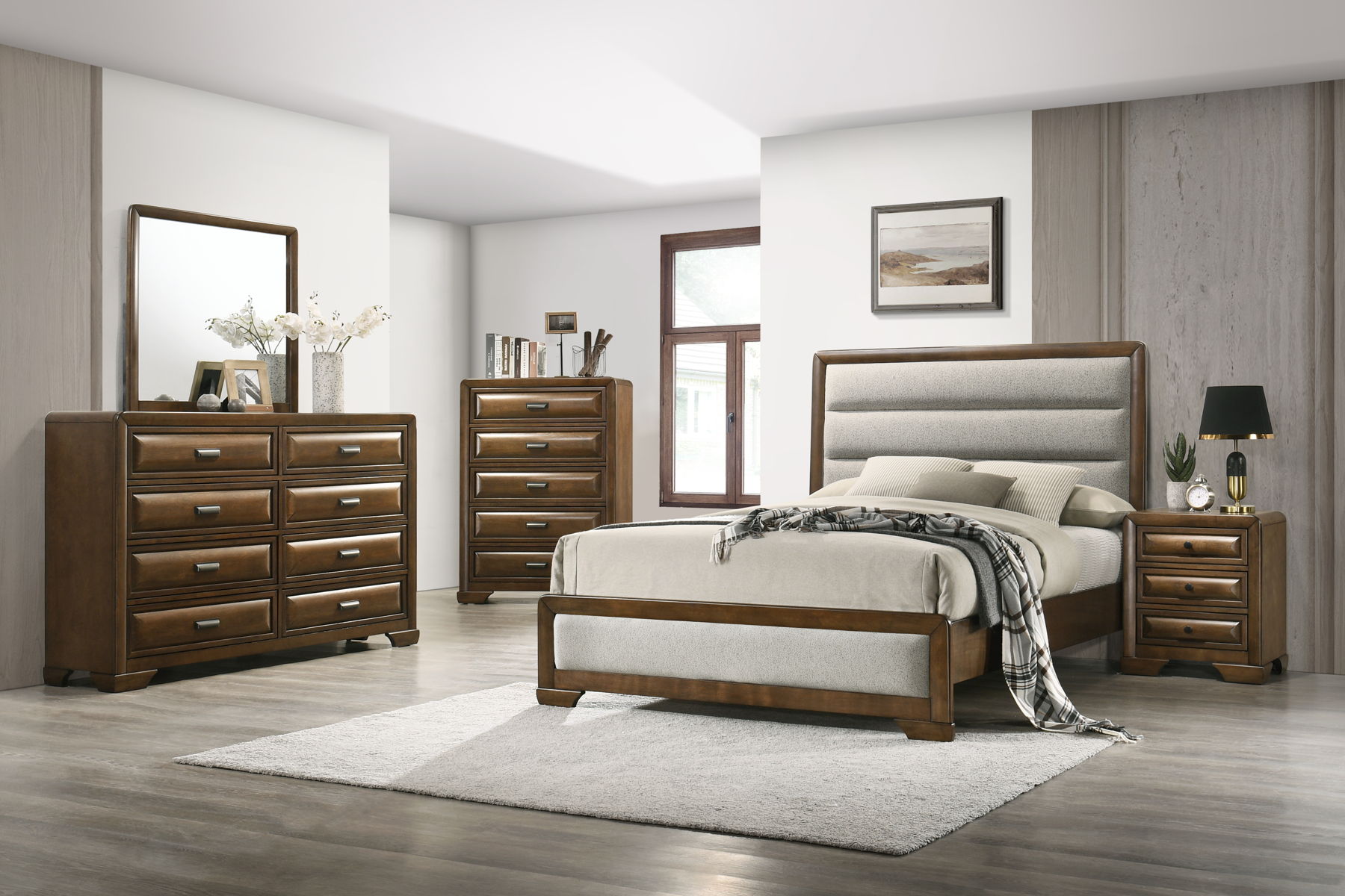 Willow Wood – QN 4pc Set Qn bed, Dresser, Mirror, & Chest only – 4pc set